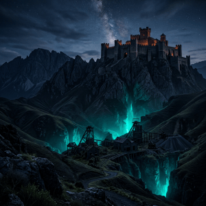 Mountain castle illuminated at night above glowing blue mines and rugged terrain